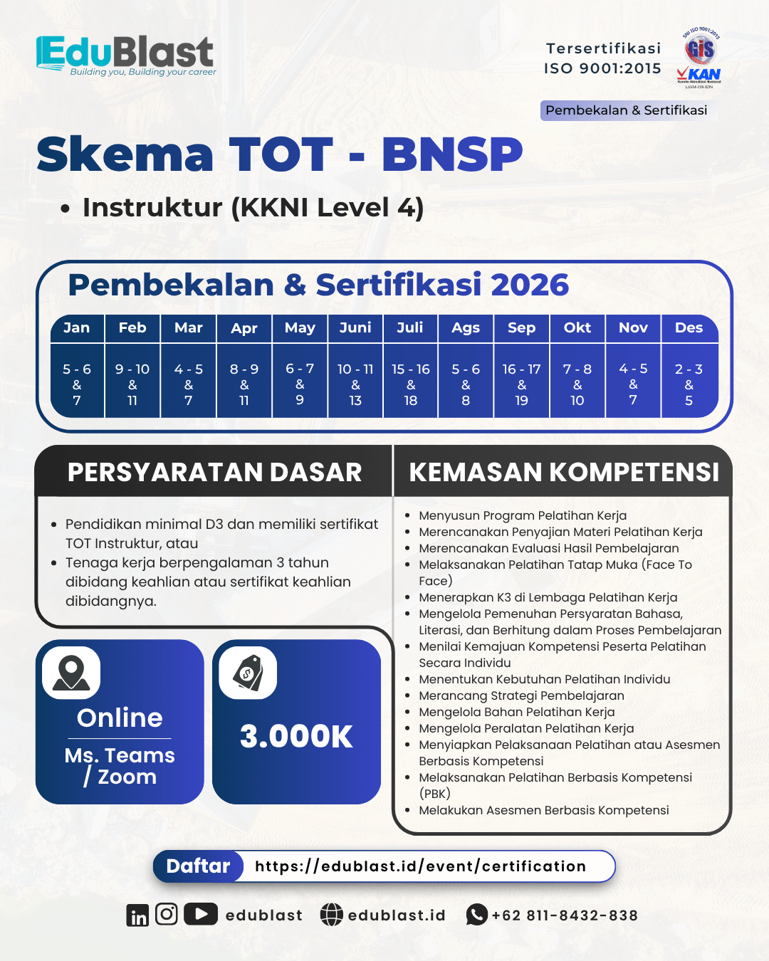Pembekalan dan Sertifikasi Instruktur (KKNI Level 4)
